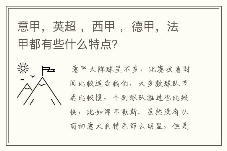 意甲,英超 ,西甲 ,德甲,法甲都有些什么特点?