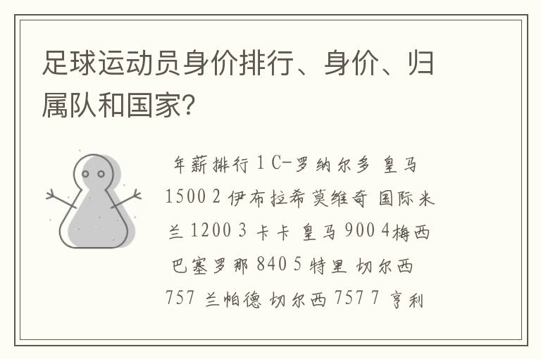 足球运动员身价排行、身价、归属队和国家?