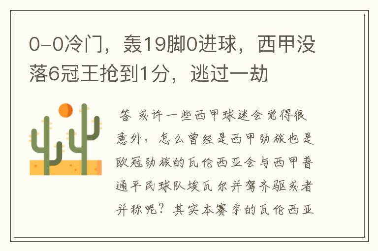 0-0冷门,轰19脚0进球,西甲没落6冠王抢到1分,逃过一劫