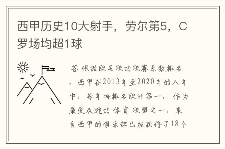 西甲历史10大射手,劳尔第5,C罗场均超1球