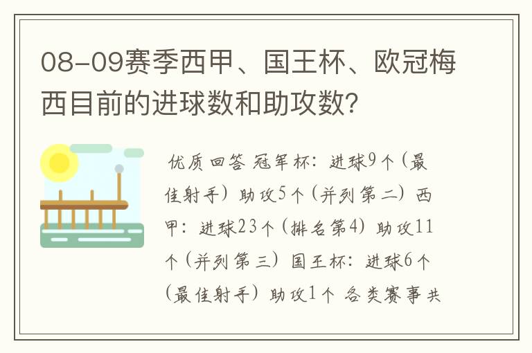 08-09赛季西甲、国王杯、欧冠梅西目前的进球数和助攻数?