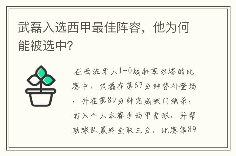 武磊入选西甲最佳阵容,他为何能被选中?
