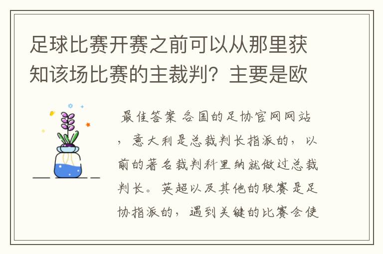 足球比赛开赛之前可以从那里获知该场比赛的主裁判?主要是欧洲的联赛