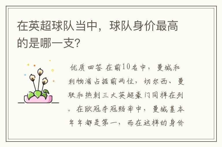 在英超球队当中，球队身价最高的是哪一支？