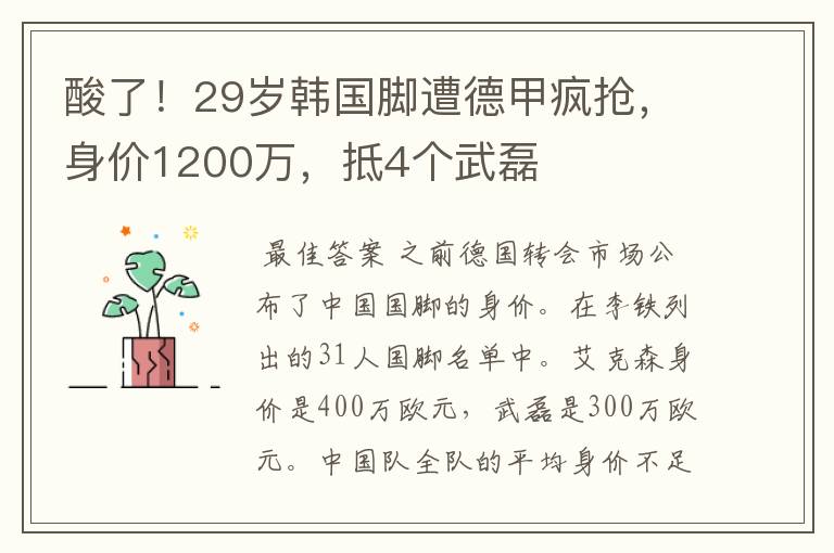 酸了!29岁韩国脚遭德甲疯抢,身价1200万,抵4个武磊
