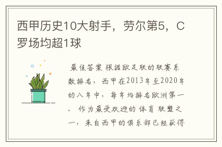 西甲历史10大射手,劳尔第5,C罗场均超1球