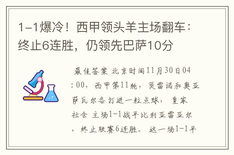 1-1爆冷!西甲领头羊主场翻车:终止6连胜,仍领先巴萨10分