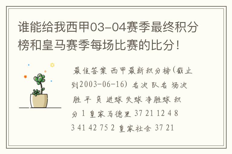谁能给我西甲03-04赛季最终积分榜和皇马赛季每场比赛的比分!