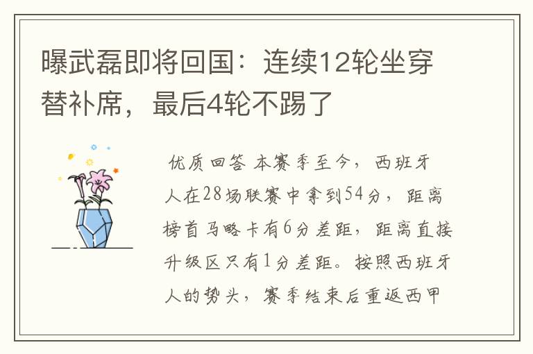 曝武磊即将回国:连续12轮坐穿替补席,最后4轮不踢了