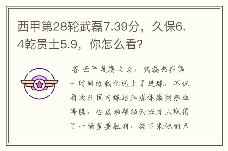 西甲第28轮武磊7.39分,久保6.4乾贵士5.9,你怎么看?