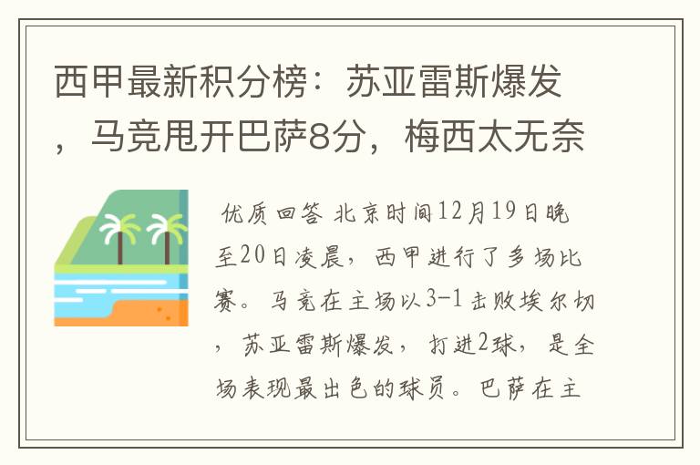 西甲最新积分榜:苏亚雷斯爆发,马竞甩开巴萨8分,梅西太无奈