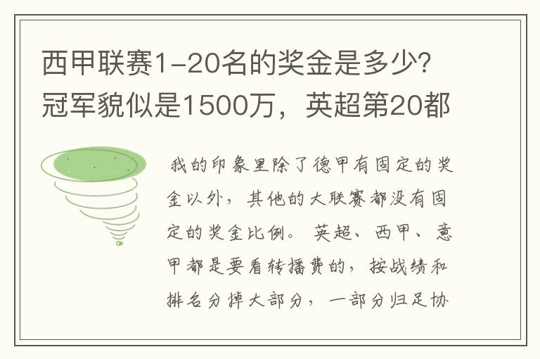 西甲联赛1-20名的奖金是多少?冠军貌似是1500万,英超第20都是4000万呀!