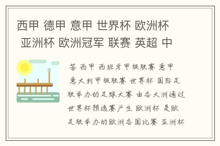西甲 德甲 意甲 世界杯 欧洲杯 亚洲杯 欧洲冠军 联赛 英超 中超 分别是什么意思啊?