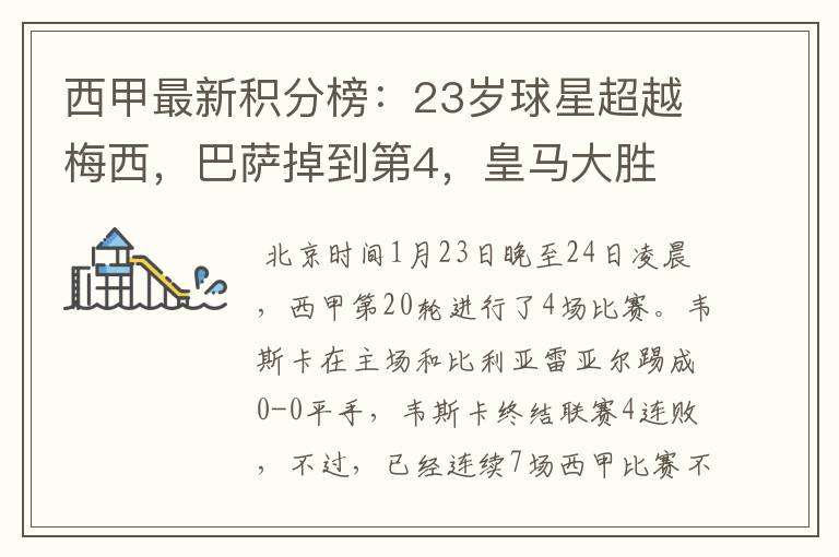 西甲最新积分榜:23岁球星超越梅西,巴萨掉到第4,皇马大胜