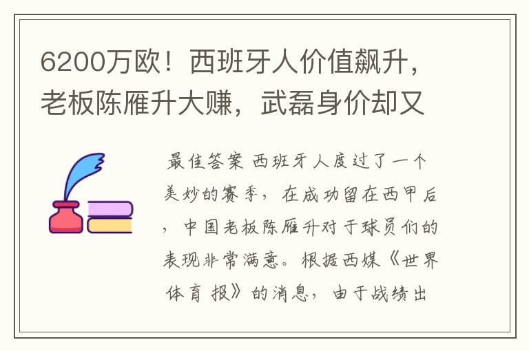 6200万欧!西班牙人价值飙升,老板陈雁升大赚,武磊身价却又缩水