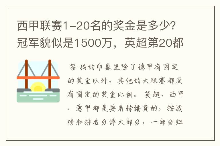 西甲联赛1-20名的奖金是多少?冠军貌似是1500万,英超第20都是4000万呀!