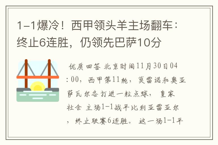1-1爆冷!西甲领头羊主场翻车:终止6连胜,仍领先巴萨10分