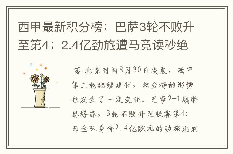 西甲最新积分榜:巴萨3轮不败升至第4;2.4亿劲旅遭马竞读秒绝平