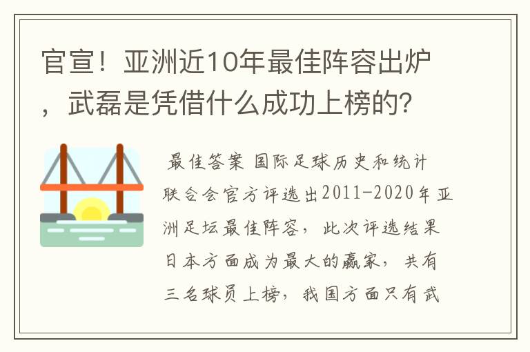 官宣!亚洲近10年最佳阵容出炉,武磊是凭借什么成功上榜的?