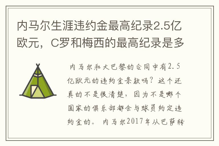 内马尔生涯违约金最高纪录2.5亿欧元,C罗和梅西的最高纪录是多少?
