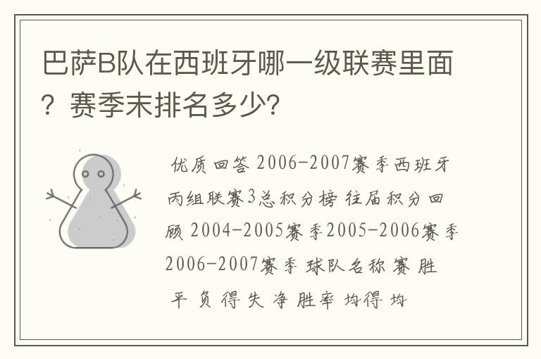 巴萨B队在西班牙哪一级联赛里面?赛季末排名多少?