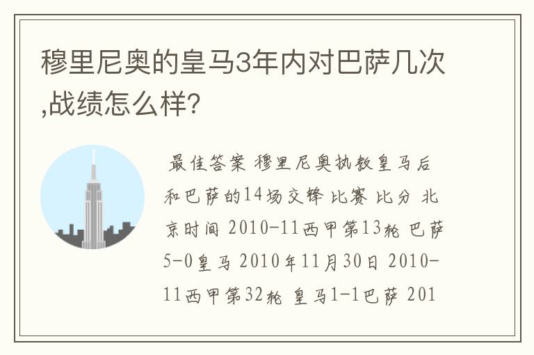 穆里尼奥的皇马3年内对巴萨几次,战绩怎么样?