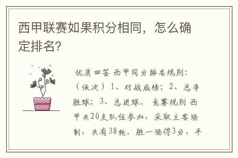 西甲联赛如果积分相同,怎么确定排名?