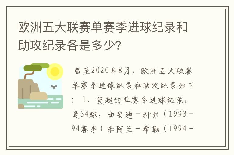 欧洲五大联赛单赛季进球纪录和助攻纪录各是多少?