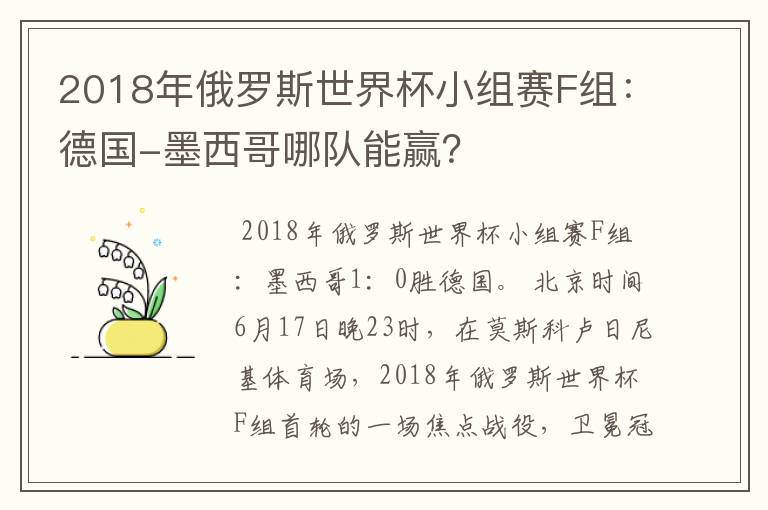 2018年俄罗斯世界杯小组赛F组:德国-墨西哥哪队能赢?