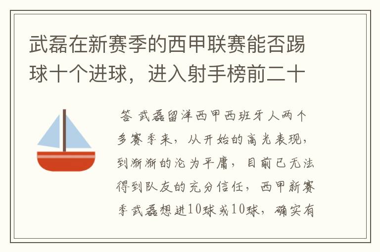 武磊在新赛季的西甲联赛能否踢球十个进球,进入射手榜前二十?