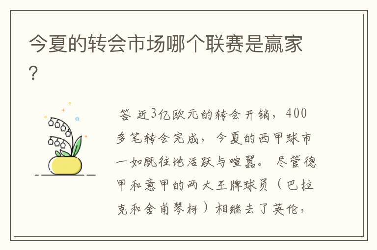 今夏的转会市场哪个联赛是赢家?