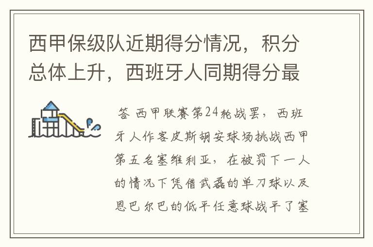西甲保级队近期得分情况,积分总体上升,西班牙人同期得分最高