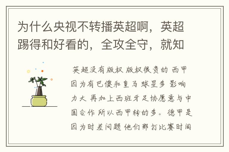 为什么央视不转播英超啊,英超踢得和好看的,全攻全守,就知道转西甲。郁闷的是德甲很少人看啊,转的最多
