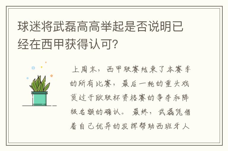球迷将武磊高高举起是否说明已经在西甲获得认可?