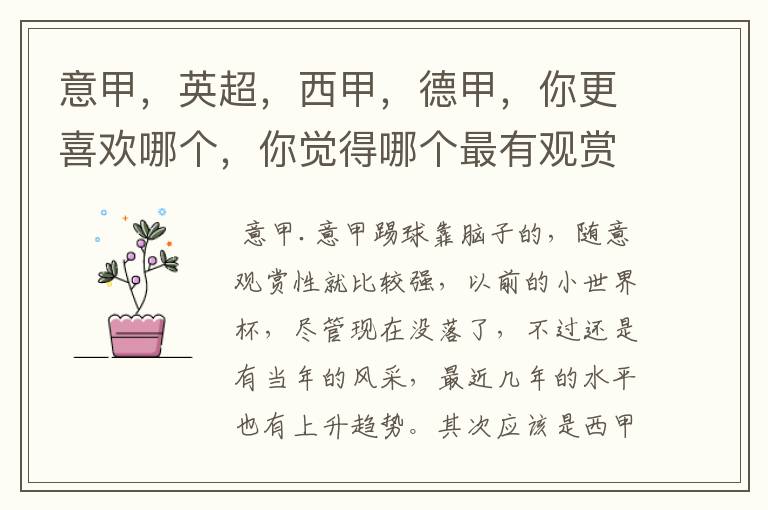 意甲,英超,西甲,德甲,你更喜欢哪个,你觉得哪个最有观赏性