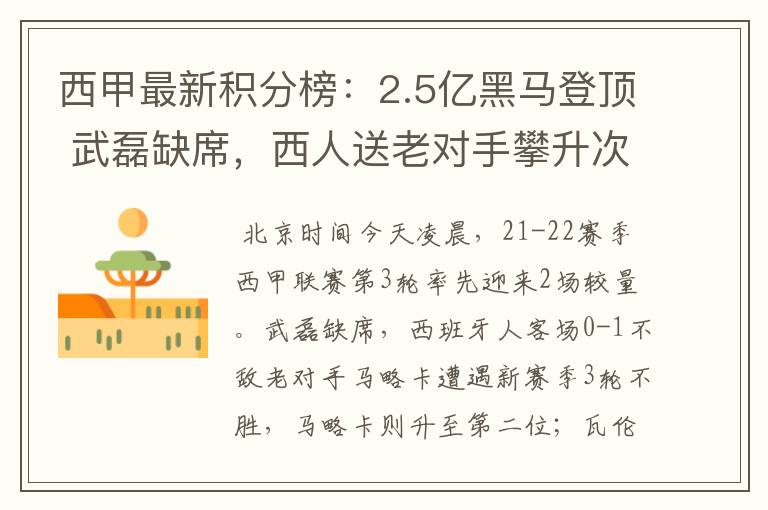 西甲最新积分榜:2.5亿黑马登顶 武磊缺席,西人送老对手攀升次席