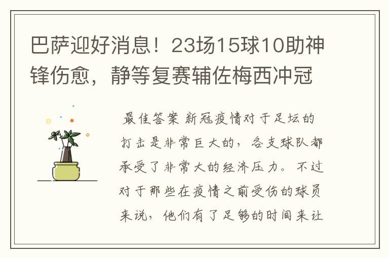 巴萨迎好消息!23场15球10助神锋伤愈,静等复赛辅佐梅西冲冠!