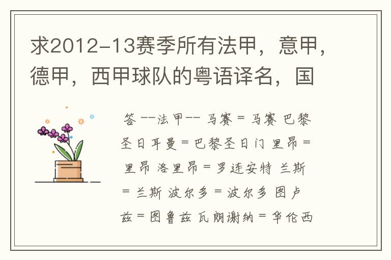 求2012-13赛季所有法甲,意甲,德甲,西甲球队的粤语译名,国粤对照。