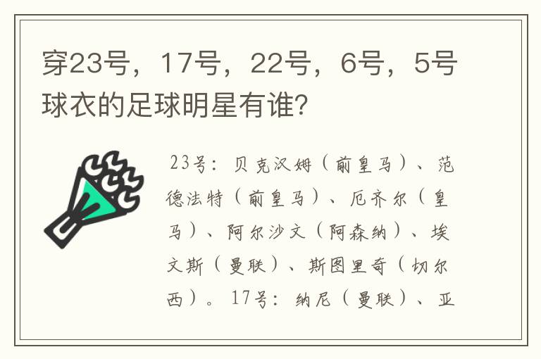 穿23号,17号,22号,6号,5号球衣的足球明星有谁?