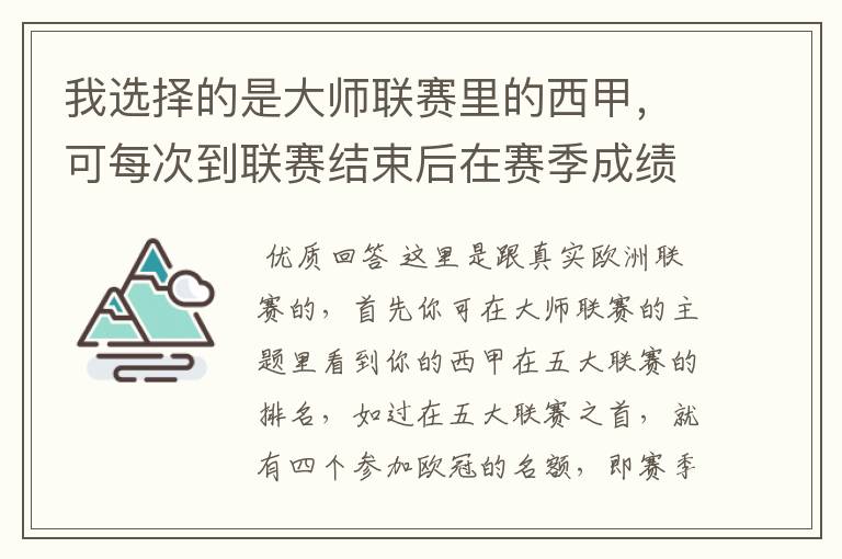 我选择的是大师联赛里的西甲,可每次到联赛结束后在赛季成绩里在欧洲联赛里哪项是为参加,要怎样才能参加