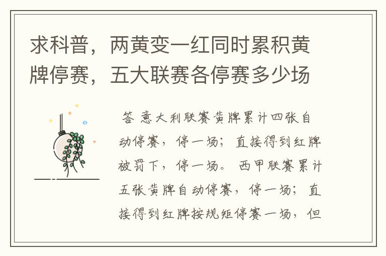 求科普,两黄变一红同时累积黄牌停赛,五大联赛各停赛多少场?