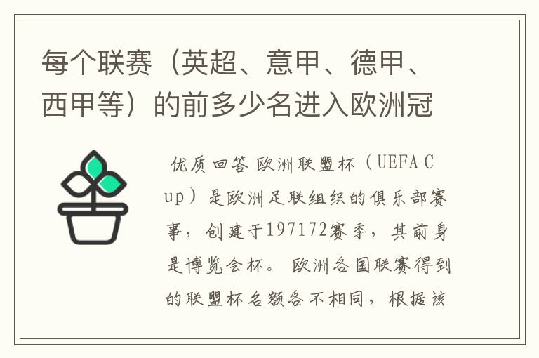 每个联赛(英超、意甲、德甲、西甲等)的前多少名进入欧洲冠军杯?多少名进入欧洲联盟杯?