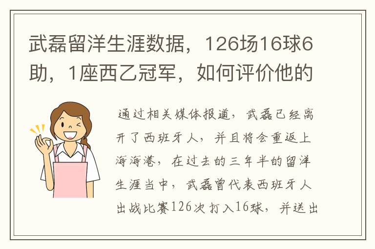 武磊留洋生涯数据,126场16球6助,1座西乙冠军,如何评价他的表现?