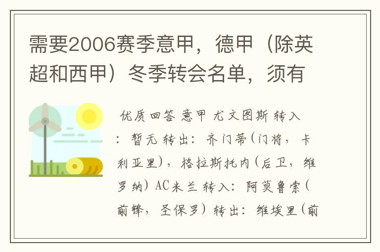 需要2006赛季意甲,德甲(除英超和西甲)冬季转会名单,须有转会方式