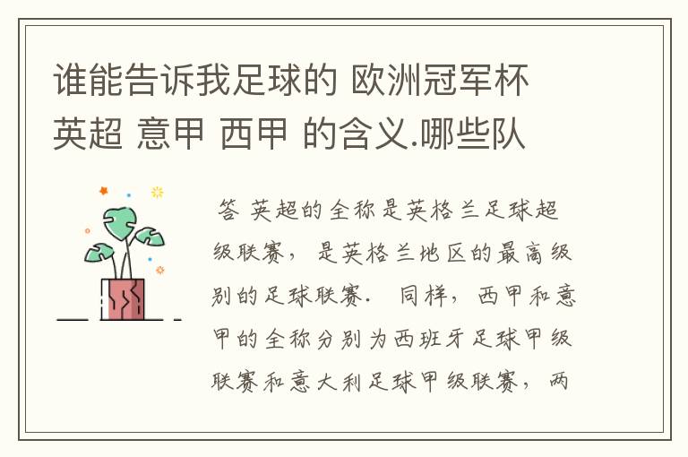 谁能告诉我足球的 欧洲冠军杯 英超 意甲 西甲 的含义.哪些队 怎么进行比赛的.