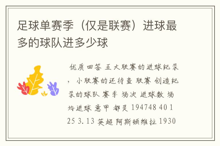 足球单赛季(仅是联赛)进球最多的球队进多少球