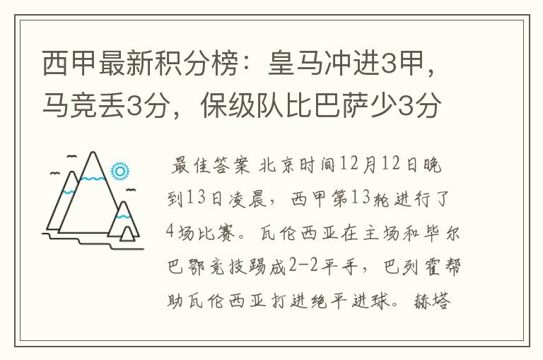 西甲最新积分榜:皇马冲进3甲,马竞丢3分,保级队比巴萨少3分
