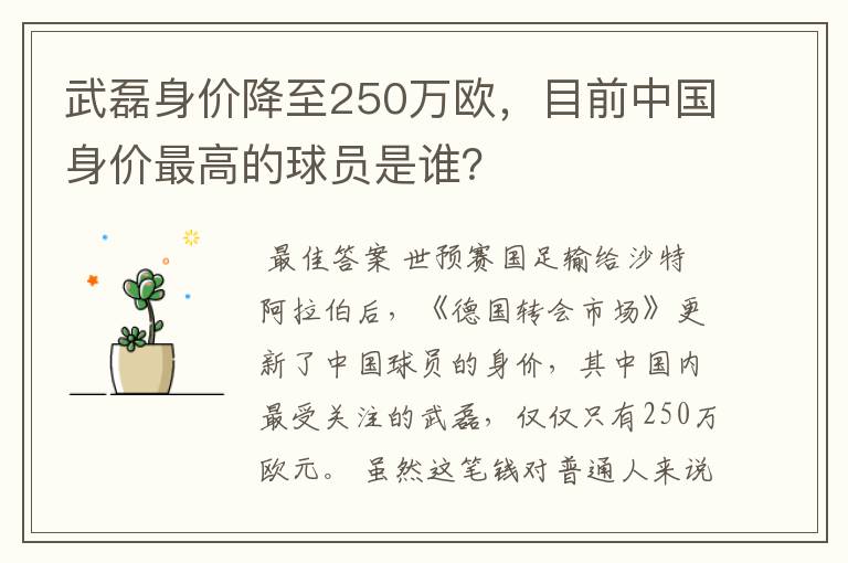 武磊身价降至250万欧,目前中国身价最高的球员是谁?