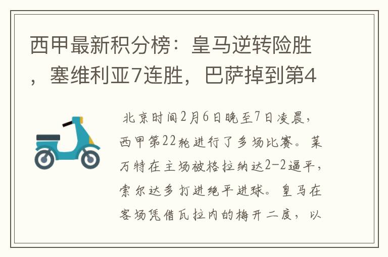 西甲最新积分榜:皇马逆转险胜,塞维利亚7连胜,巴萨掉到第4