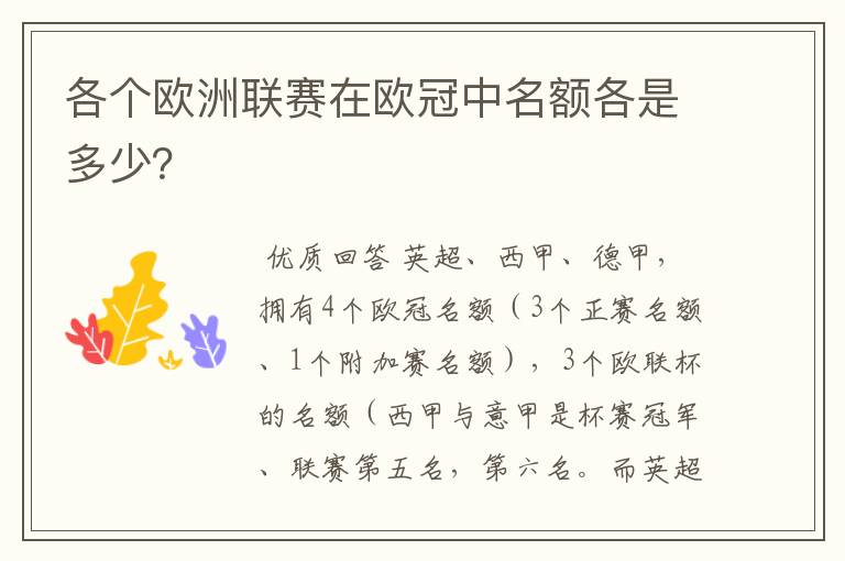各个欧洲联赛在欧冠中名额各是多少?